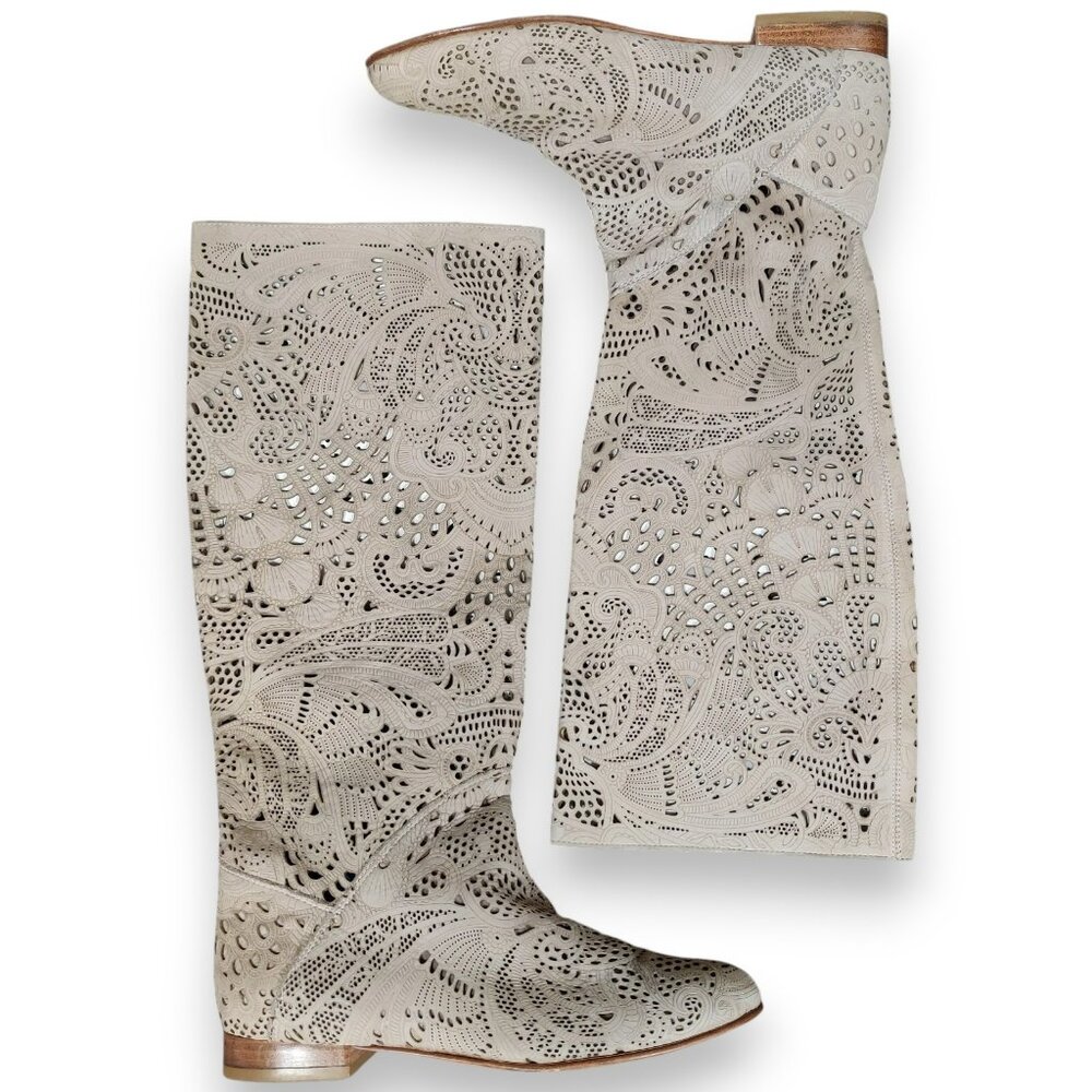 BALDININI TREND Laser Cut Leather Boots Intricate Cutouts Taupe EU 37 US 7
